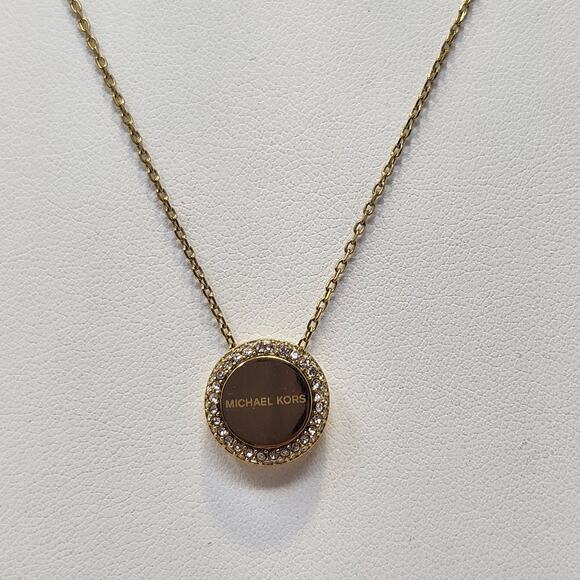 Michael Kors Logo Crystal Pave Round Pendant Chain Necklace Gold Tone Adjustable - Picture 1 of 7